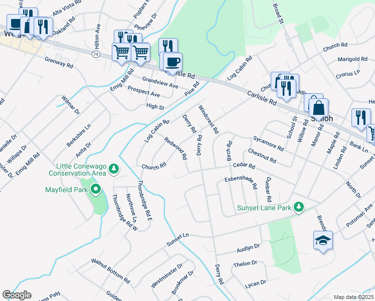 map of restaurants, bars, coffee shops, grocery stores, and more near 2359 Redwood Road in York