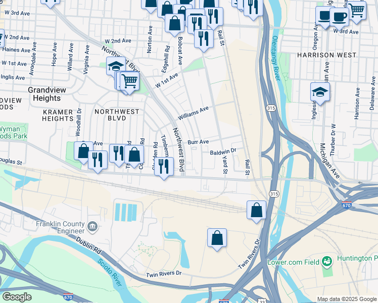 map of restaurants, bars, coffee shops, grocery stores, and more near 810 Northwest Boulevard in Grandview Heights