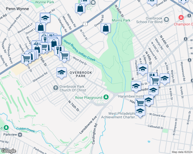 map of restaurants, bars, coffee shops, grocery stores, and more near 7343 Ruskin Road in Philadelphia