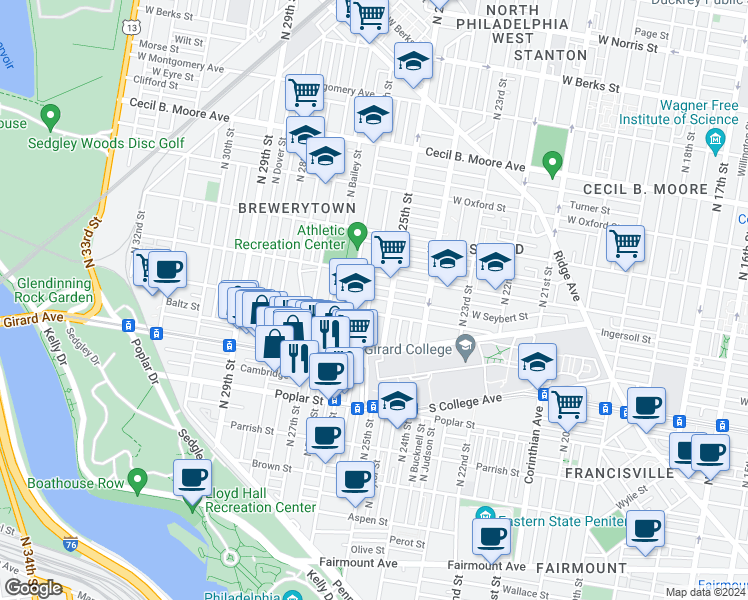 map of restaurants, bars, coffee shops, grocery stores, and more near 2509 Ingersoll Street in Philadelphia