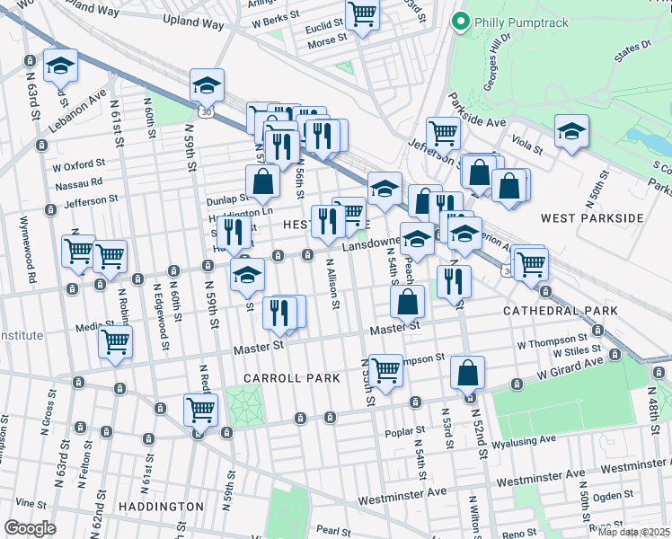map of restaurants, bars, coffee shops, grocery stores, and more near 1535 North Allison Street in Philadelphia