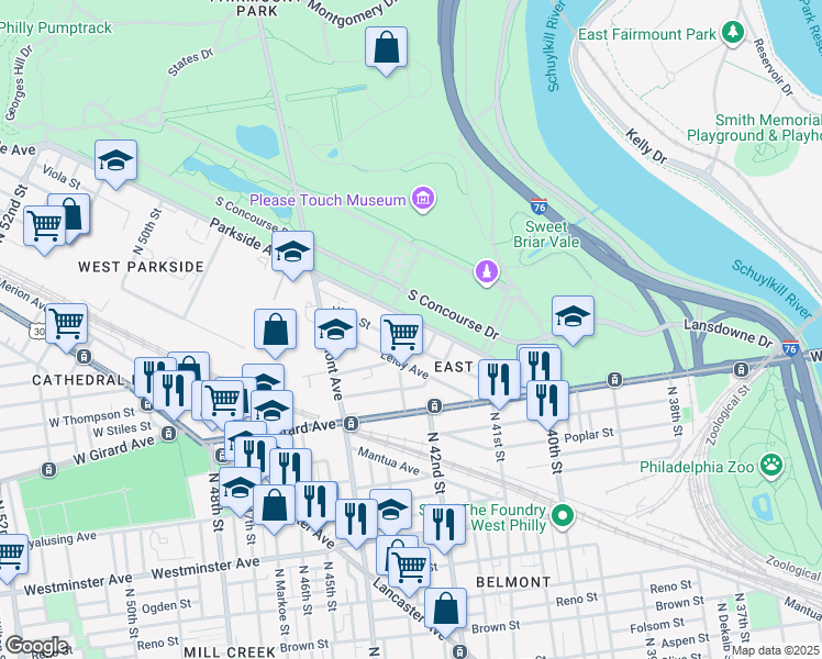 map of restaurants, bars, coffee shops, grocery stores, and more near 4212 Parkside Avenue in Philadelphia