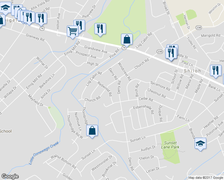map of restaurants, bars, coffee shops, grocery stores, and more near 2359 Redwood Road in York
