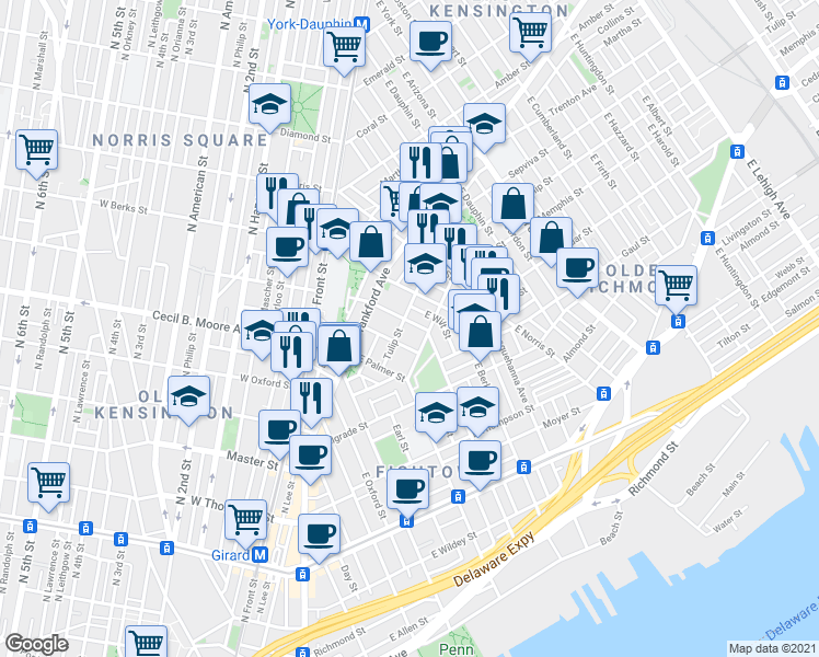 map of restaurants, bars, coffee shops, grocery stores, and more near 1522 East Montgomery Avenue in Philadelphia