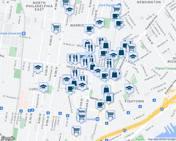 map of restaurants, bars, coffee shops, grocery stores, and more near 1647 North 2nd Street in Philadelphia