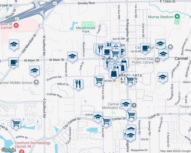 map of restaurants, bars, coffee shops, grocery stores, and more near 438 Emerson Road in Carmel