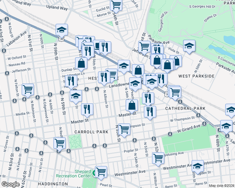 map of restaurants, bars, coffee shops, grocery stores, and more near 5440 Lansdowne Avenue in Philadelphia