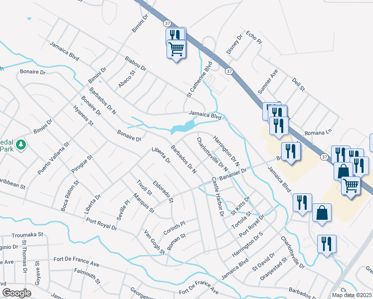 map of restaurants, bars, coffee shops, grocery stores, and more near 85 Castle Harbor Drive in Toms River