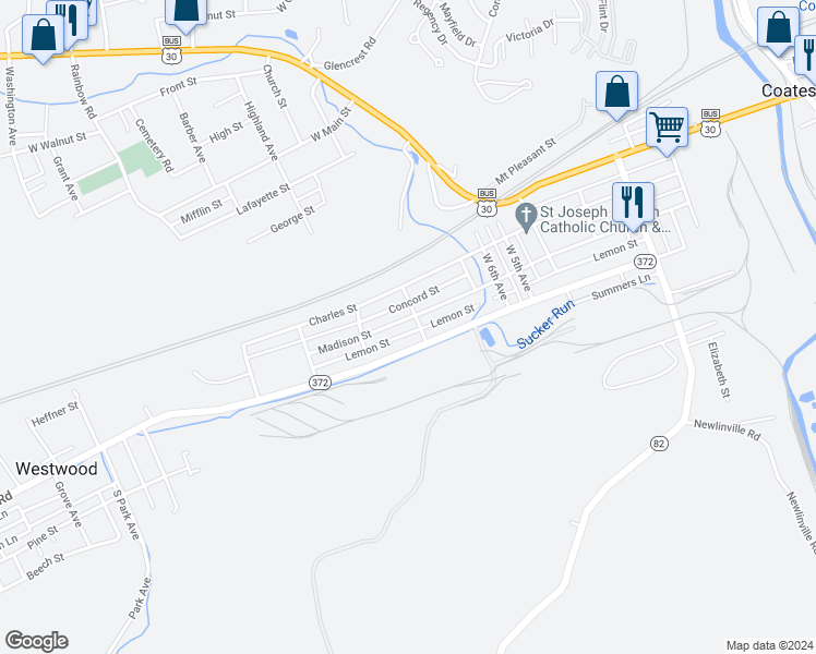 map of restaurants, bars, coffee shops, grocery stores, and more near 806 Madison Street in Coatesville