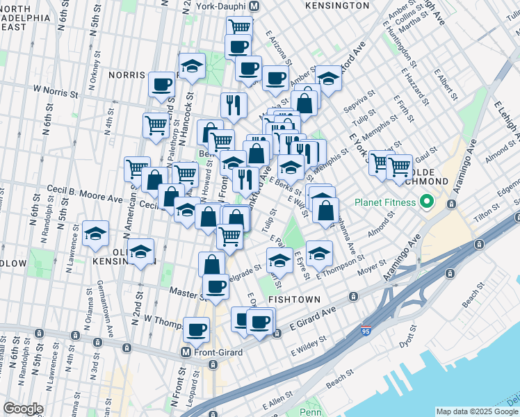 map of restaurants, bars, coffee shops, grocery stores, and more near 1767 Frankford Avenue in Philadelphia