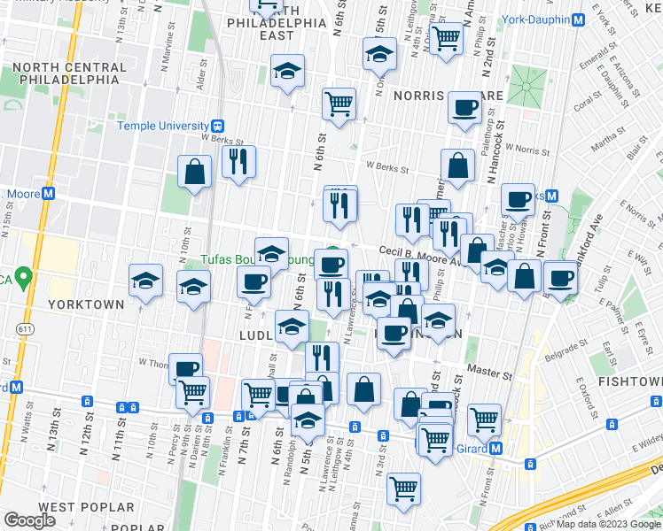 map of restaurants, bars, coffee shops, grocery stores, and more near 1620 North 5th Court in Philadelphia