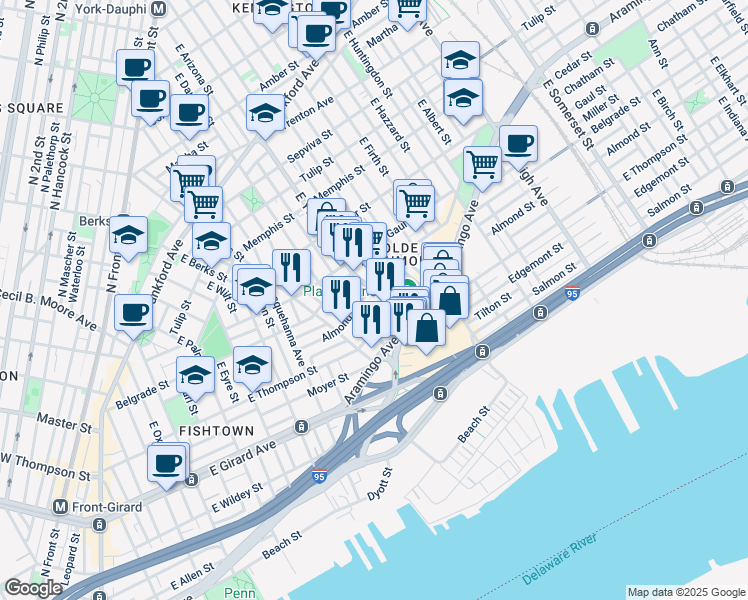 map of restaurants, bars, coffee shops, grocery stores, and more near 2610 East York Street in Philadelphia