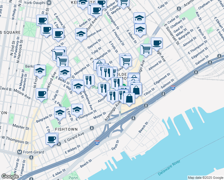 map of restaurants, bars, coffee shops, grocery stores, and more near 2335 Almond Street in Philadelphia