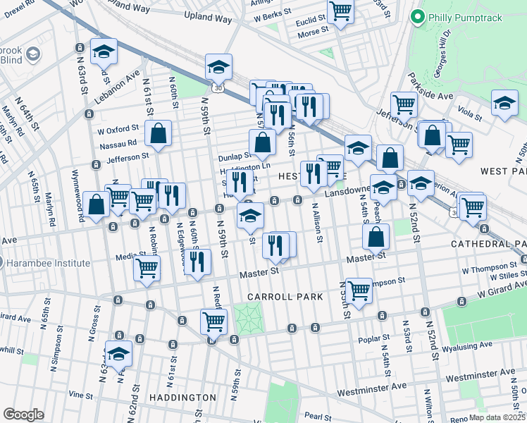 map of restaurants, bars, coffee shops, grocery stores, and more near 1555 North Alden Street in Philadelphia