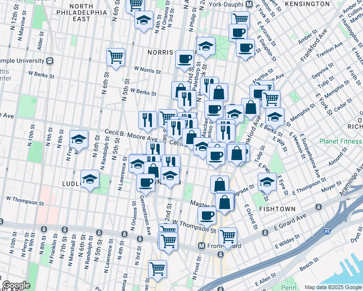 map of restaurants, bars, coffee shops, grocery stores, and more near 1647 North 2nd Street in Philadelphia