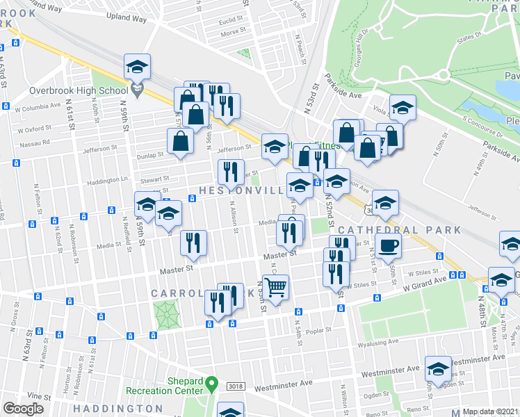 map of restaurants, bars, coffee shops, grocery stores, and more near 1518 North Conestoga Street in Philadelphia