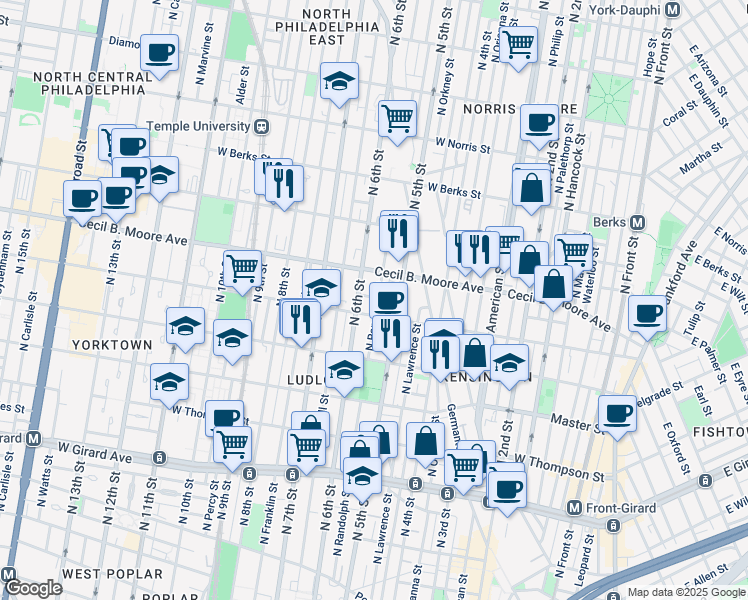 map of restaurants, bars, coffee shops, grocery stores, and more near 1620 North Randolph Street in Philadelphia