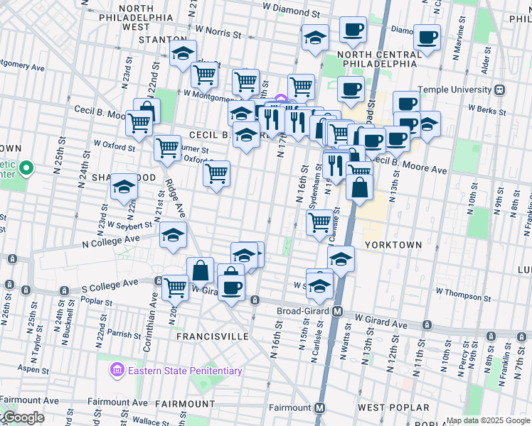 map of restaurants, bars, coffee shops, grocery stores, and more near 1430 North 17th Street in Philadelphia