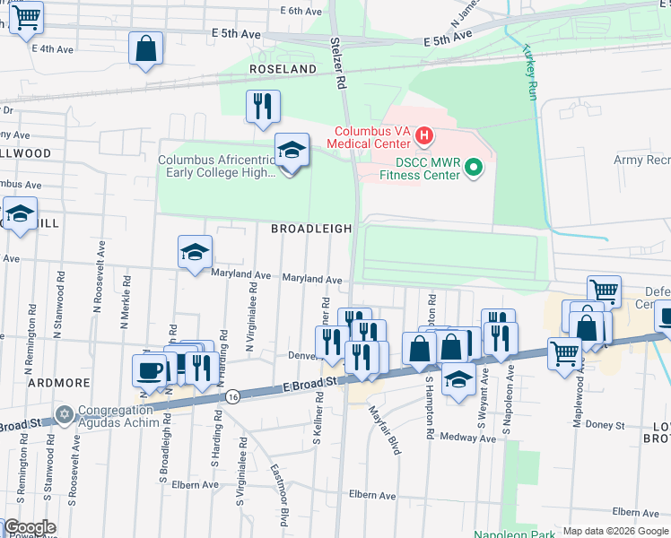 map of restaurants, bars, coffee shops, grocery stores, and more near 212 North Kellner Road in Columbus