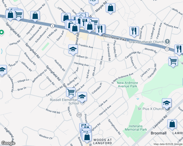 map of restaurants, bars, coffee shops, grocery stores, and more near 126 4th Avenue in Broomall