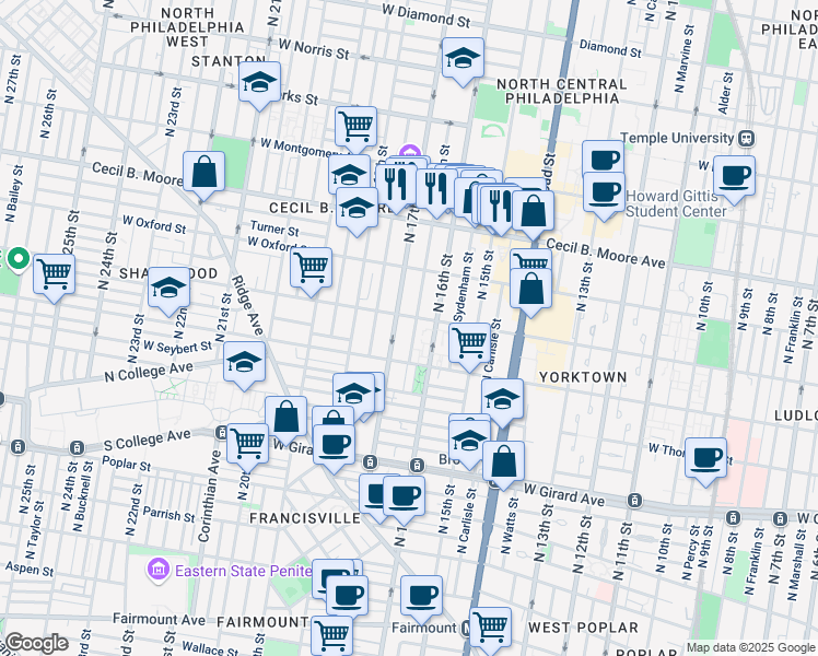 map of restaurants, bars, coffee shops, grocery stores, and more near 1434 North Willington Street in Philadelphia