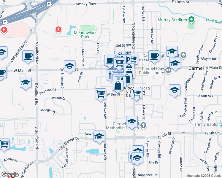 map of restaurants, bars, coffee shops, grocery stores, and more near 350 Monon Boulevard in Carmel