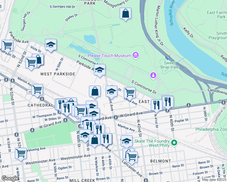 map of restaurants, bars, coffee shops, grocery stores, and more near 4277 Leidy Avenue in Philadelphia