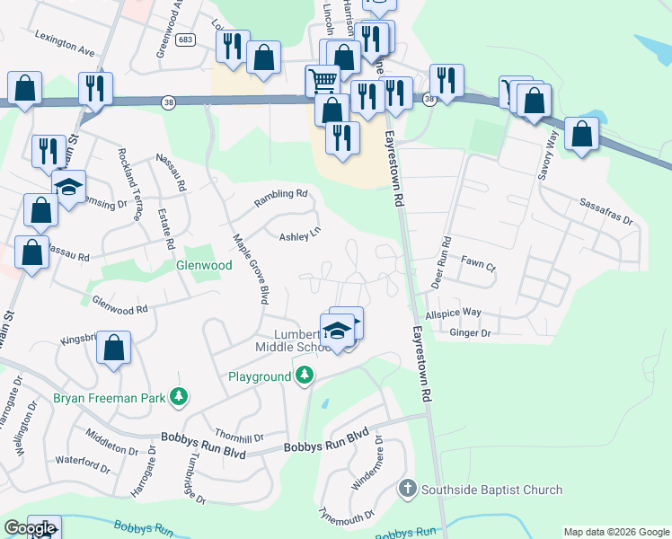 map of restaurants, bars, coffee shops, grocery stores, and more near 90 Bayberry Court in Lumberton
