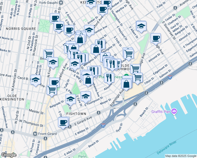 map of restaurants, bars, coffee shops, grocery stores, and more near 2503 East Norris Street in Philadelphia