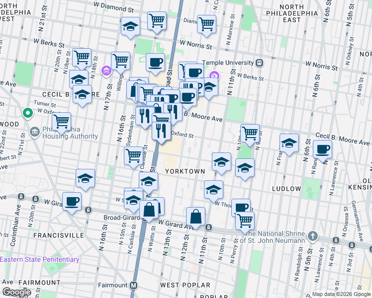 map of restaurants, bars, coffee shops, grocery stores, and more near 1531 North 13th Street in Philadelphia