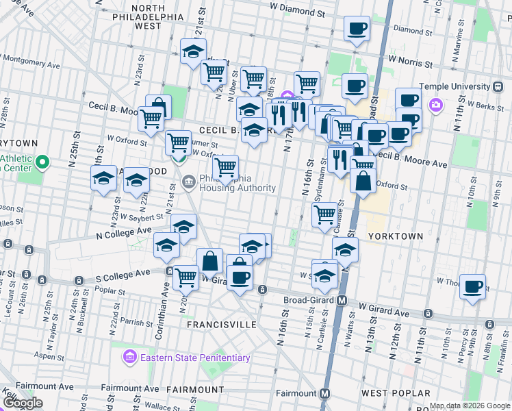 map of restaurants, bars, coffee shops, grocery stores, and more near 1420 North 18th Street in Philadelphia