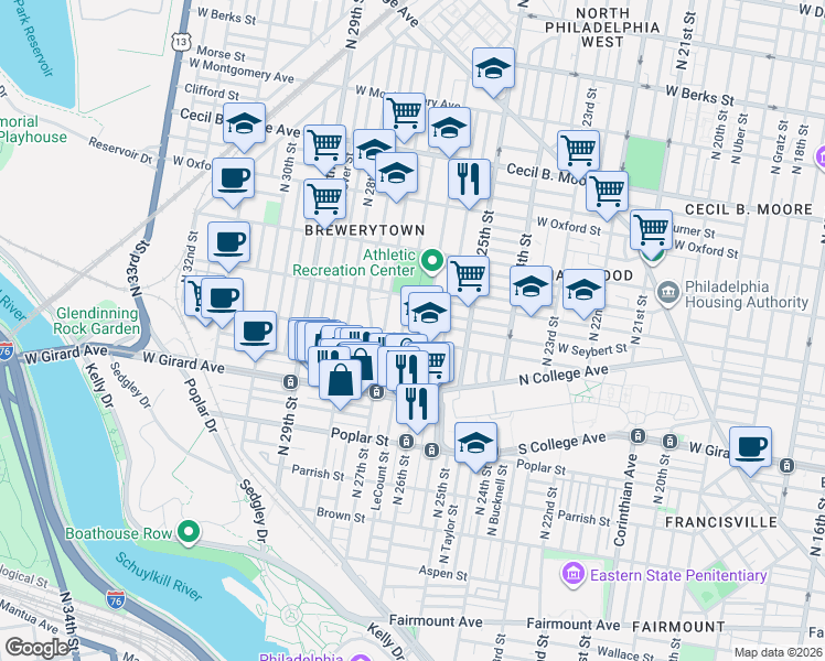 map of restaurants, bars, coffee shops, grocery stores, and more near 1328 North 26th Street in Philadelphia