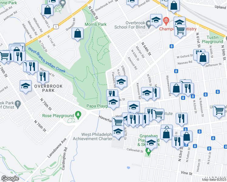 map of restaurants, bars, coffee shops, grocery stores, and more near 914 Flanders Road in Philadelphia