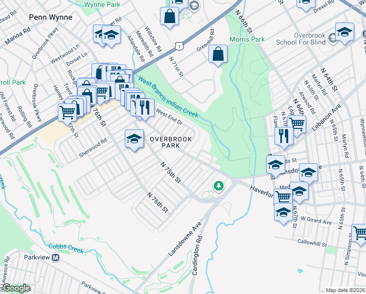 map of restaurants, bars, coffee shops, grocery stores, and more near 7323 Malvern Avenue in Philadelphia