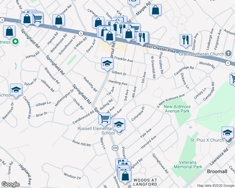 map of restaurants, bars, coffee shops, grocery stores, and more near 127 2nd Avenue in Broomall