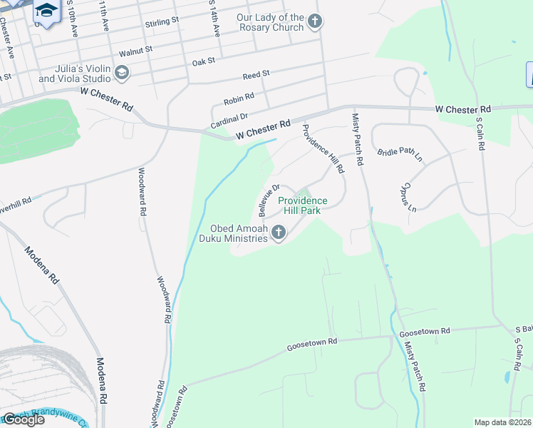 map of restaurants, bars, coffee shops, grocery stores, and more near 116 Bellevue Drive in Coatesville