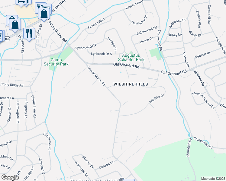 map of restaurants, bars, coffee shops, grocery stores, and more near 4024 Wilshire Drive in York