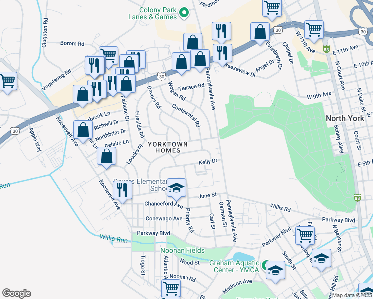 map of restaurants, bars, coffee shops, grocery stores, and more near 721 Gunnison Road in York