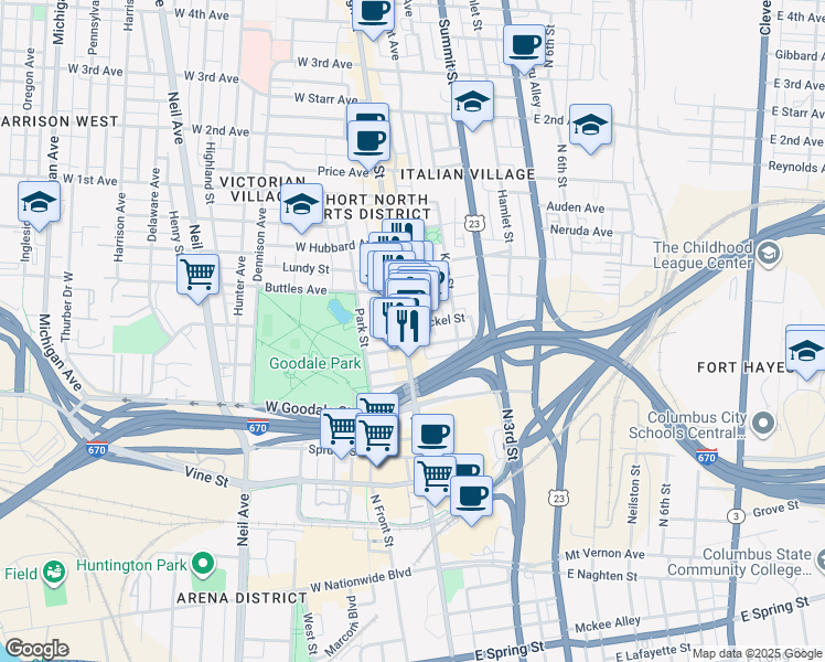map of restaurants, bars, coffee shops, grocery stores, and more near 684 North Pearl Street in Columbus