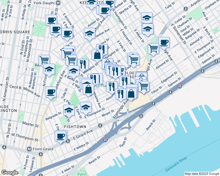 map of restaurants, bars, coffee shops, grocery stores, and more near 2529 East Dauphin Street in Philadelphia