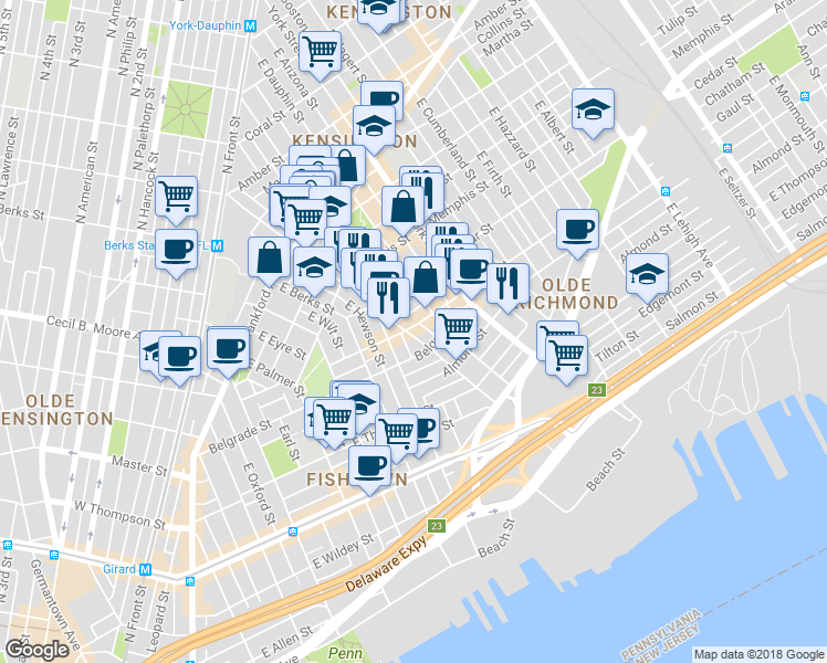 map of restaurants, bars, coffee shops, grocery stores, and more near 2503 East Norris Street in Philadelphia