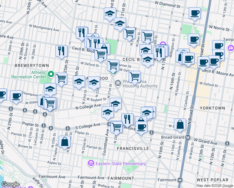 map of restaurants, bars, coffee shops, grocery stores, and more near 2046 Ridge Avenue in Philadelphia