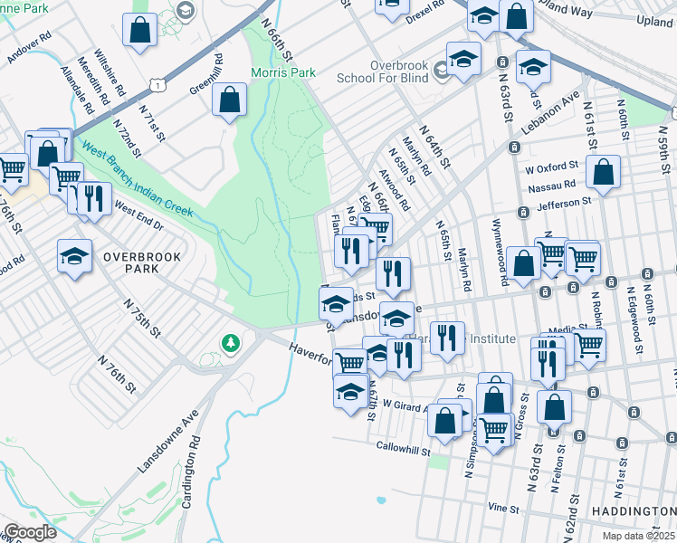 map of restaurants, bars, coffee shops, grocery stores, and more near 914 Flanders Road in Philadelphia