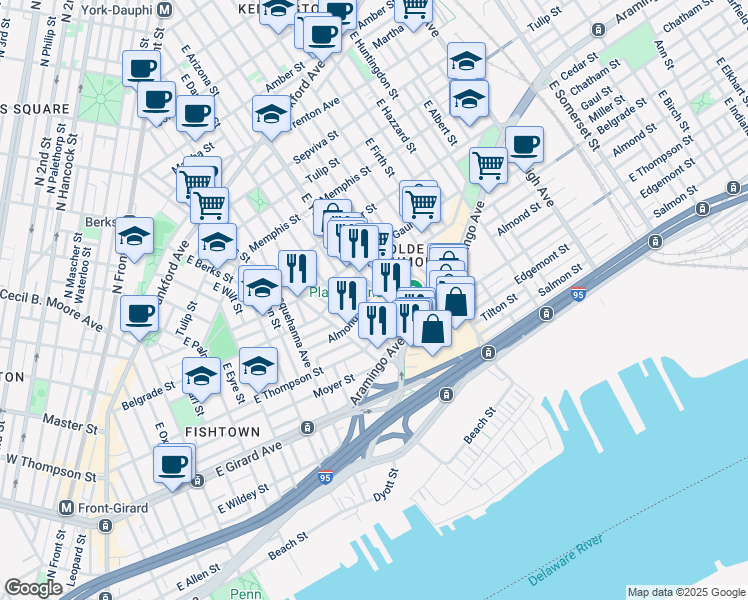 map of restaurants, bars, coffee shops, grocery stores, and more near 2335 Almond Street in Philadelphia