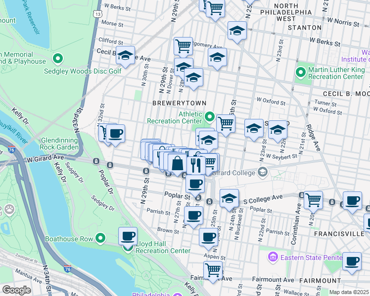 map of restaurants, bars, coffee shops, grocery stores, and more near 2707 West Thompson Street in Philadelphia