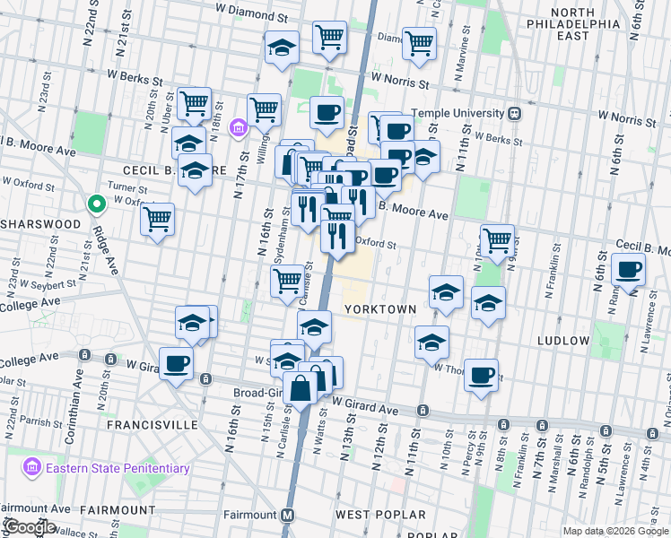 map of restaurants, bars, coffee shops, grocery stores, and more near 1501n North Broad Street in Philadelphia