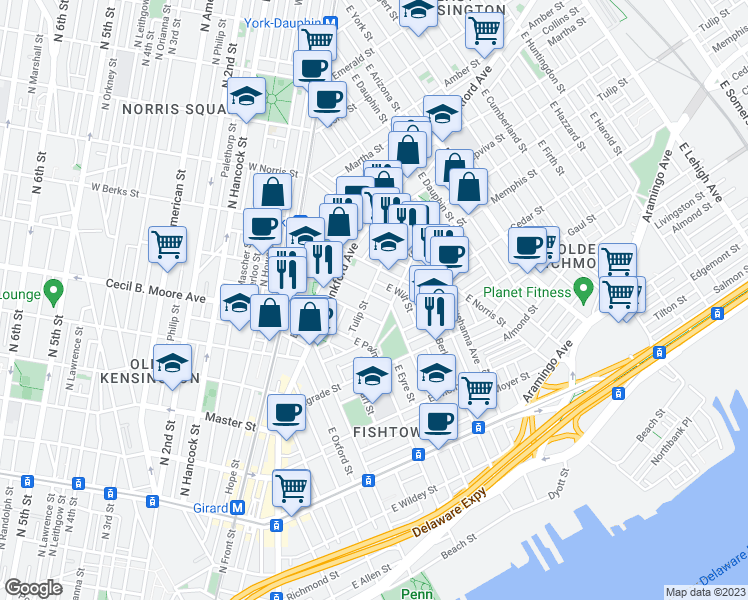 map of restaurants, bars, coffee shops, grocery stores, and more near 1522 East Montgomery Avenue in Philadelphia