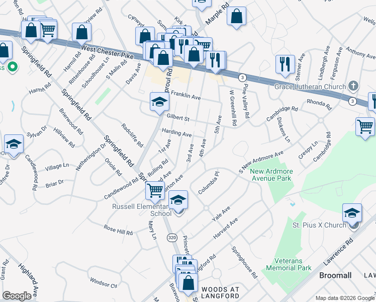 map of restaurants, bars, coffee shops, grocery stores, and more near 134 3rd Avenue in Broomall
