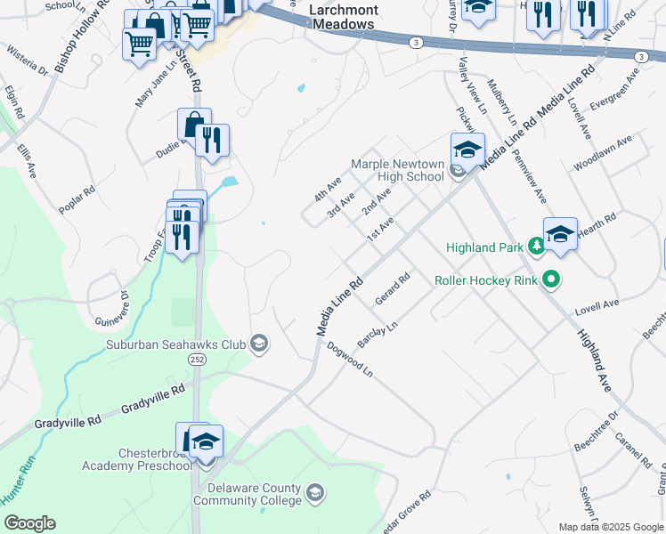 map of restaurants, bars, coffee shops, grocery stores, and more near 504 1st Avenue in Newtown Square