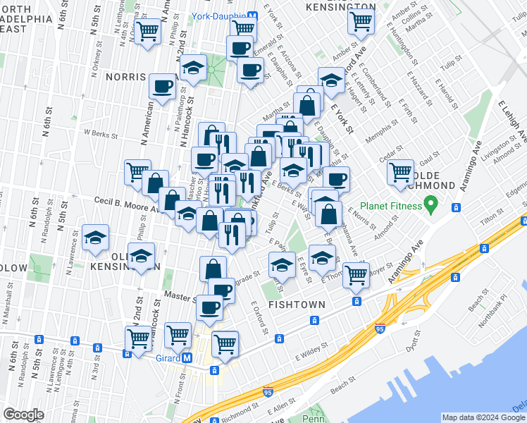map of restaurants, bars, coffee shops, grocery stores, and more near 1767 Frankford Avenue in Philadelphia